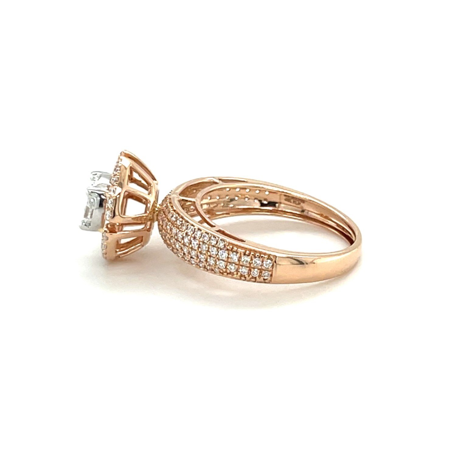 Round Brilliant Cut Diamond Halo Ring with Diamond-Encrusted Band in Rose Gold